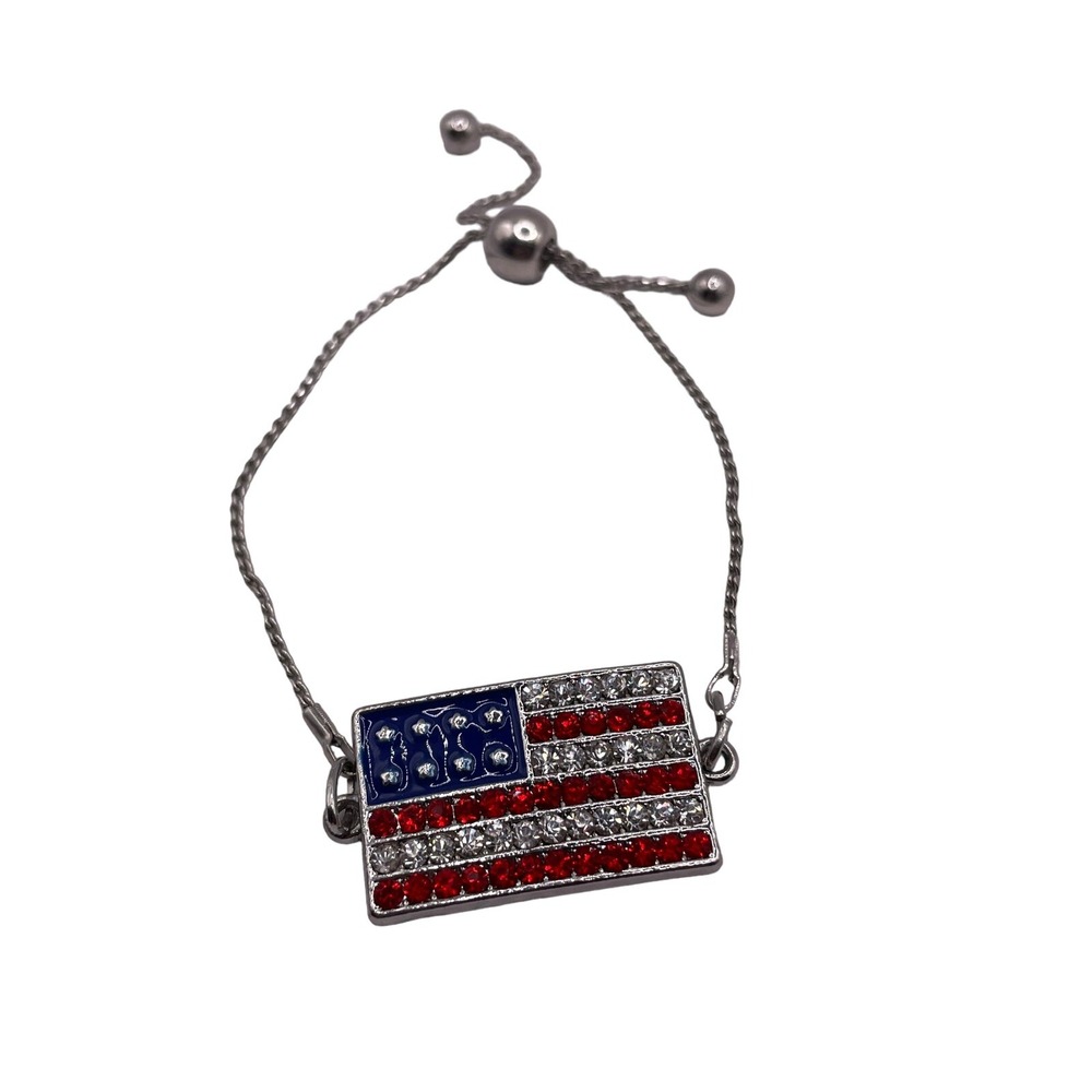 American Flag Rhinestone Slider Adjustable Bracelet Silver Tone Rhinestones READ
